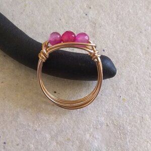 Sz 8.5 ~ Sexy & Slim Pink Agate Beaded Handmade Ring! Sturdy Every Day Wear!